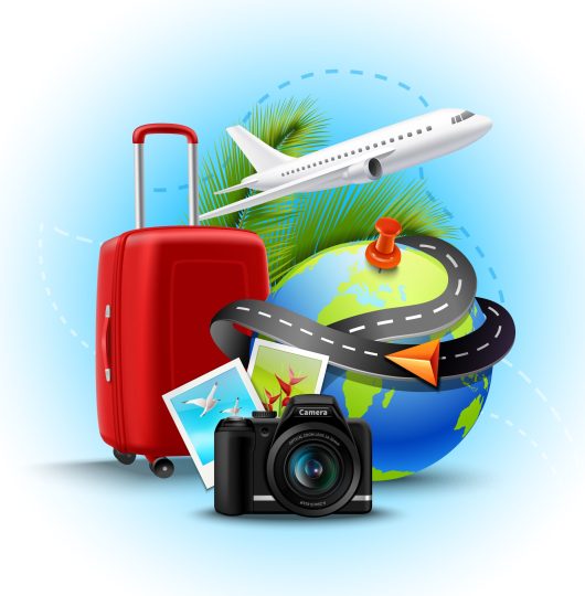 Vacation Realistic Background Vacation and holidays background with realistic globe suitcase and photo camera vector illustration